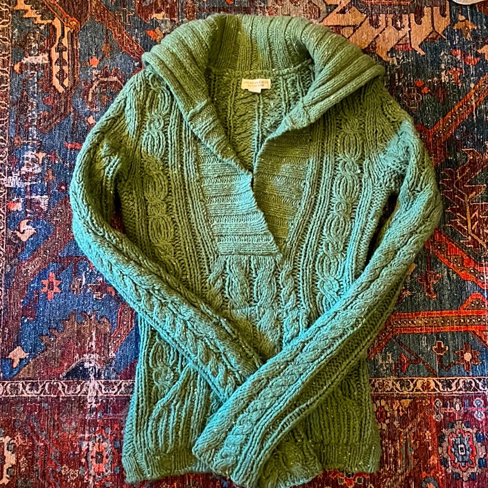 Wool Blend Cable Knit Collared Sweater